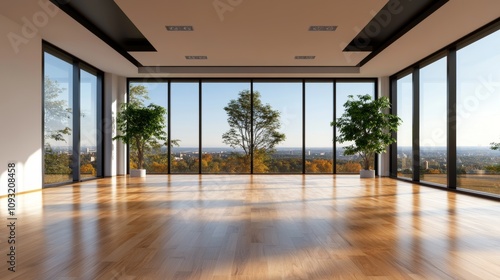 Spacious, sunlit room with hardwood floors and floor-to-ceiling windows offering a panoramic autumnal view. Two potted plants add a touch of nature.