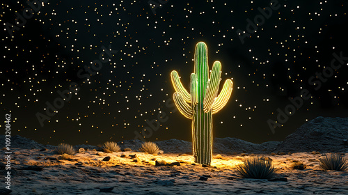 Macro surrealist photography of a neon green cactus glowing under a pitchblack desert night sky scattered with twinkling stars. Twinkling Desert Sky. Illustration photo