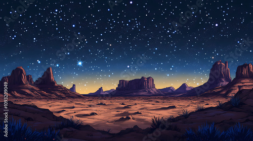 A vast, sandy desert landscape stretches under a night sky filled with twinkling stars. Twinkling Desert Sky. Illustration