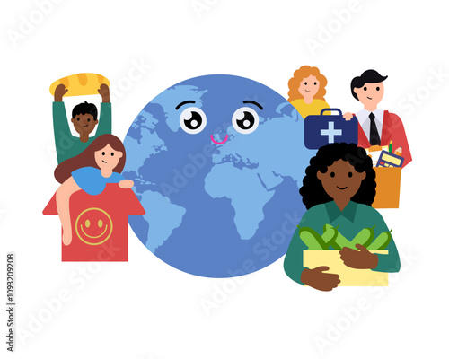 Nonprofit organization. The planet and people with the gifts of the planet, products. Vector simple color flat illustration.