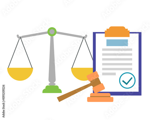 Affidavit. Document, judge's gavel and scales of justice. Vector simple color flat illustration.