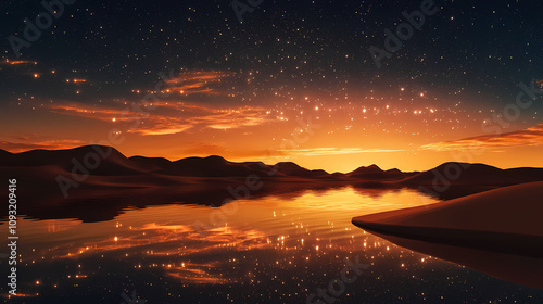 A serene desert oasis with a still lake reflecting the golden sunset and a sky studded with twinkling stars. Twinkling Desert Sky. Illustration photo