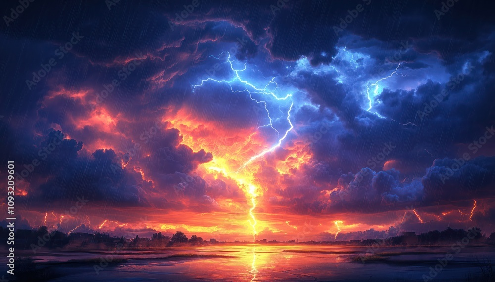 Stormy sky with lightning, rain, and intense reflections on wet ground Stormy sky with lightning, rain, and intense reflections on wet ground