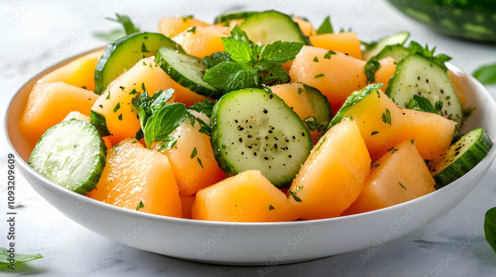 Photo Fresh Cantaloupe Cucumber Mint Salad Refreshing Summer Dish Photo Fresh Cantaloupe Cucumber Mint Salad Refreshing Summer Dish
