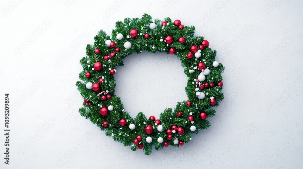 Red and green Christmas wreath with snow, classic holiday background, 3D illustration Red and green Christmas wreath with snow, classic holiday background, 3D illustration