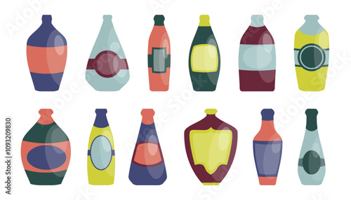 Bottles with labels from different alcohol drinks, collection isolated on white.