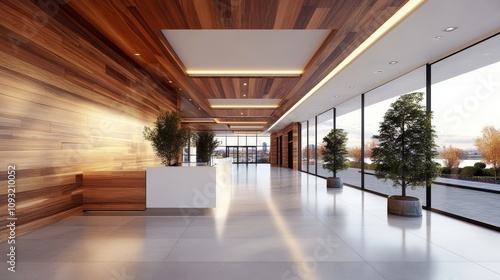 Modern lobby with wood paneling, white reception desk, and potted trees. Natural light streams in through large windows, creating a bright and airy atmosphere.