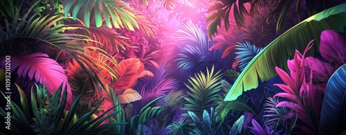 A jungle landscape with neon lights glowing at night, made with stock footage
