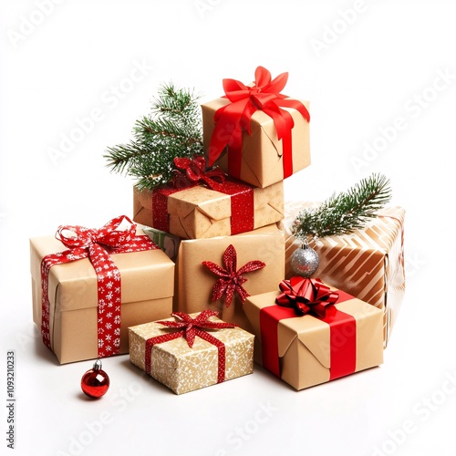 A Collection of Colorful Christmas Gift Boxes with Festive Wrapping on white background