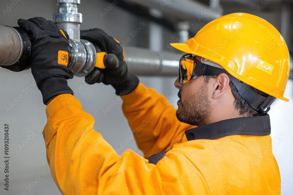 A worker in protective gear adjusts a pipe fitting, showcasing safety measures in a construction environment. A worker in protective gear adjusts a pipe fitting, showcasing safety measures in a construction environment.