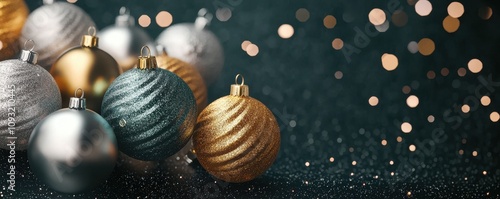 Christmas background with metallic silver and gold geometric ornaments, floating in space with a dark starry background, Sci-fi, 3D renderingcloses up photo