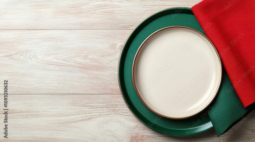 Festive Christmas table with blank area for text, red and green napkins, 3D illustrationcloses up Festive Christmas table with blank area for text, red and green napkins, 3D illustrationcloses up