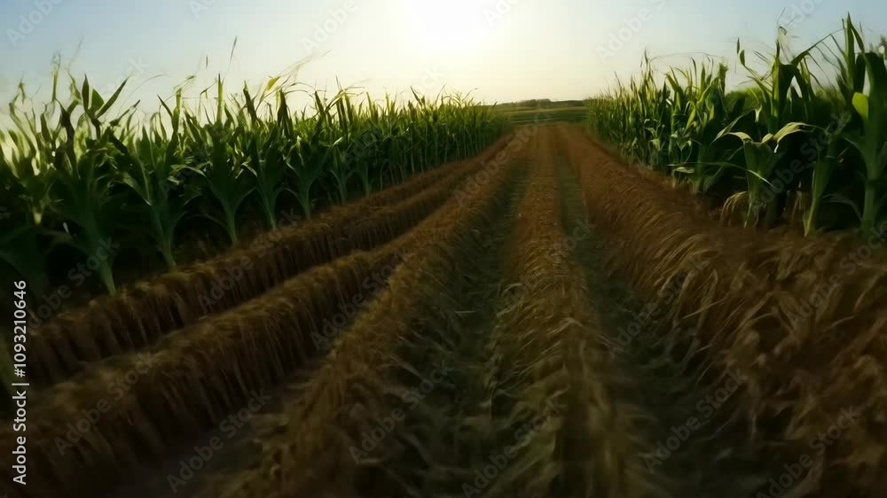 Exploring a winding path through towering cornfields during golden hour in a rural landscape Exploring a winding path through towering cornfields during golden hour in a rural landscape
