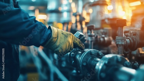 Detailed View of Worker Adjusting Equipment Valve in Industrial Plant With Modern Machinery in Background for Manufacturing and Engineering Context