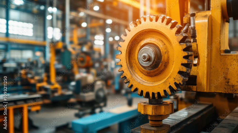 A close-up of a yellow gear in a manufacturing facility, showcasing machinery and industrial equipment in the background. A close-up of a yellow gear in a manufacturing facility, showcasing machinery and industrial equipment in the background.