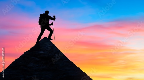 Silhouette of a Solo Hiker Triumphantly Standing on a Mountain Peak Against a Vibrant Sunset Sky with Colorful Clouds and Scenic Horizon