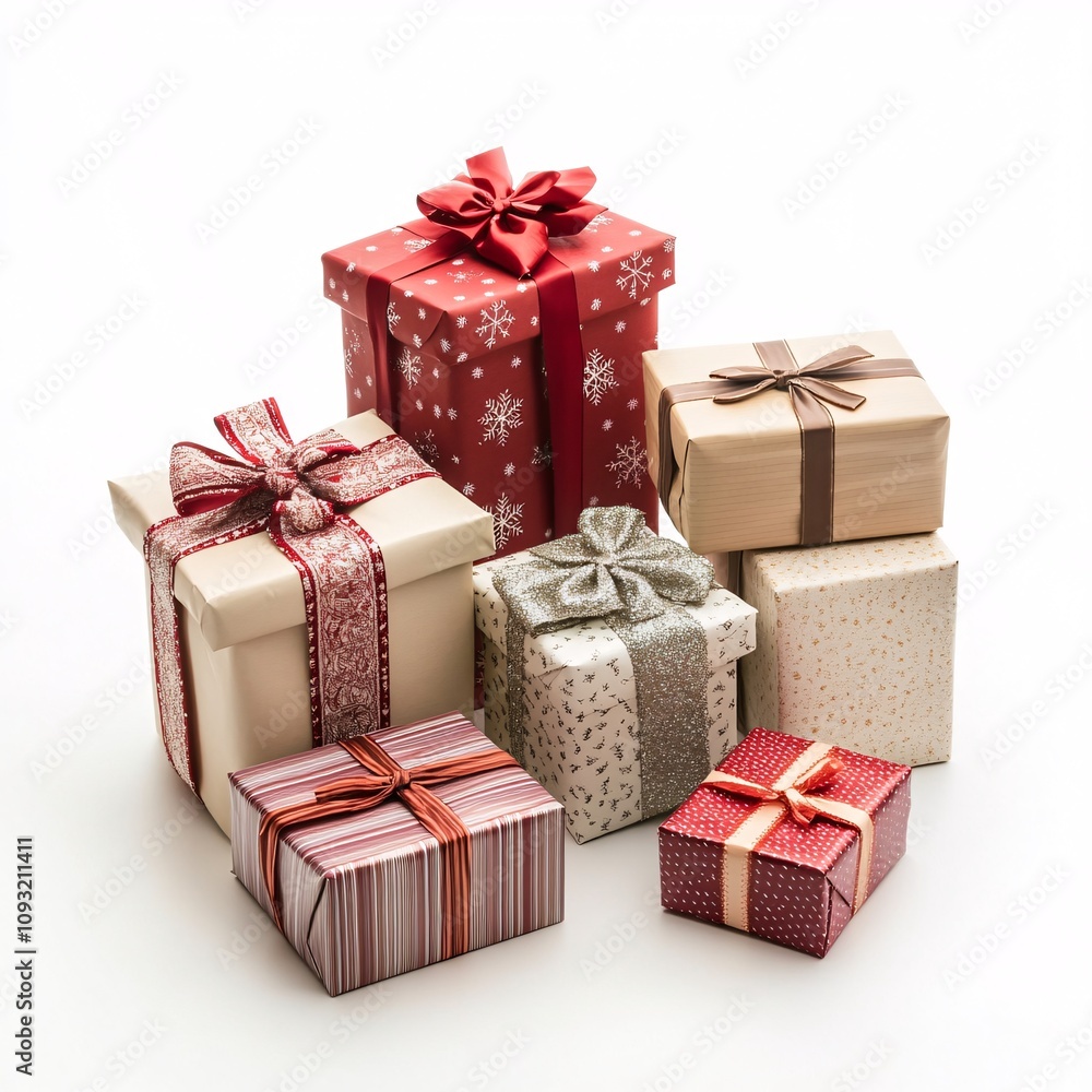 A Collection of Colorful Christmas Gift Boxes with Festive Wrapping on white background A Collection of Colorful Christmas Gift Boxes with Festive Wrapping on white background