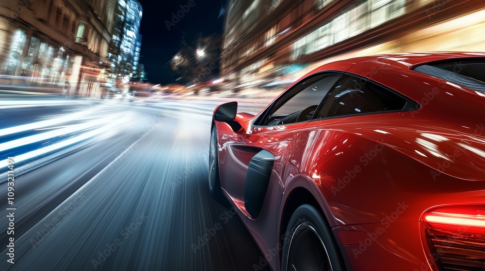 Futuristic car with fast acceleration and speed in a neon mega city. High acceleration car on a tack with glowing light trails. Futuristic car with fast acceleration and speed in a neon mega city. High acceleration car on a tack with glowing light trails.