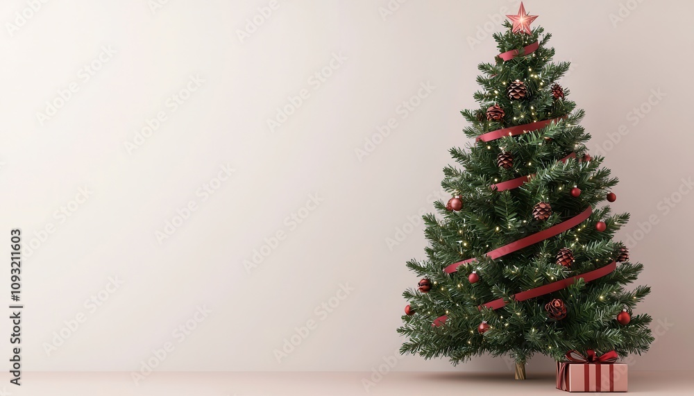Christmas tree with red ribbons and green pinecones, minimalist holiday decor, 3D illustration Christmas tree with red ribbons and green pinecones, minimalist holiday decor, 3D illustration