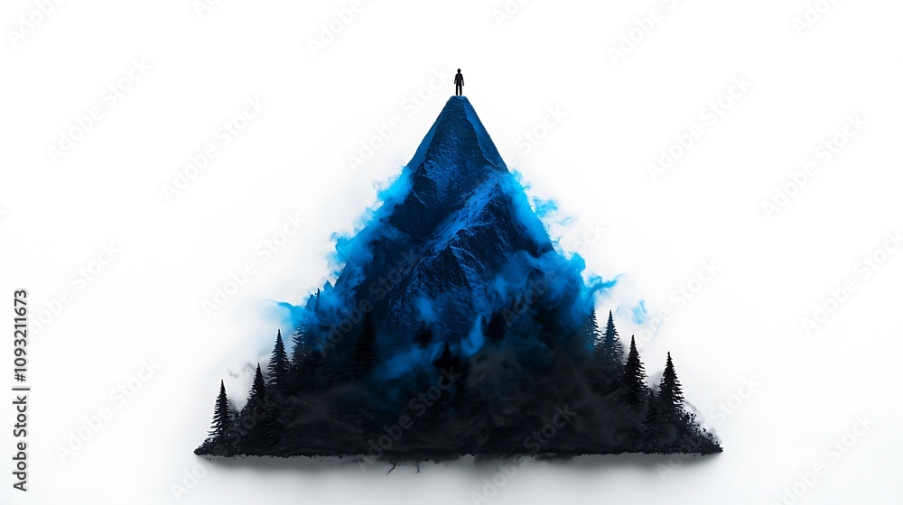 Obraz premium Silhouette of a Person Standing on a Mountain Peak Surrounded by Dramatic Blue and Black Swirling Smoke in a Dreamlike Landscape