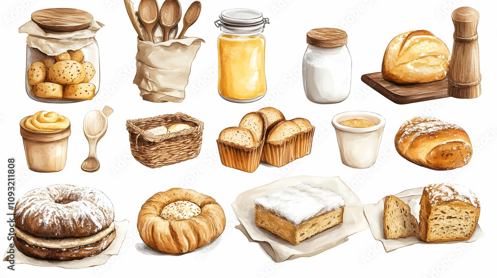 Watercolor Bakery Illustration Bread, Pastry, and Baking Elements Watercolor Bakery Illustration Bread, Pastry, and Baking Elements