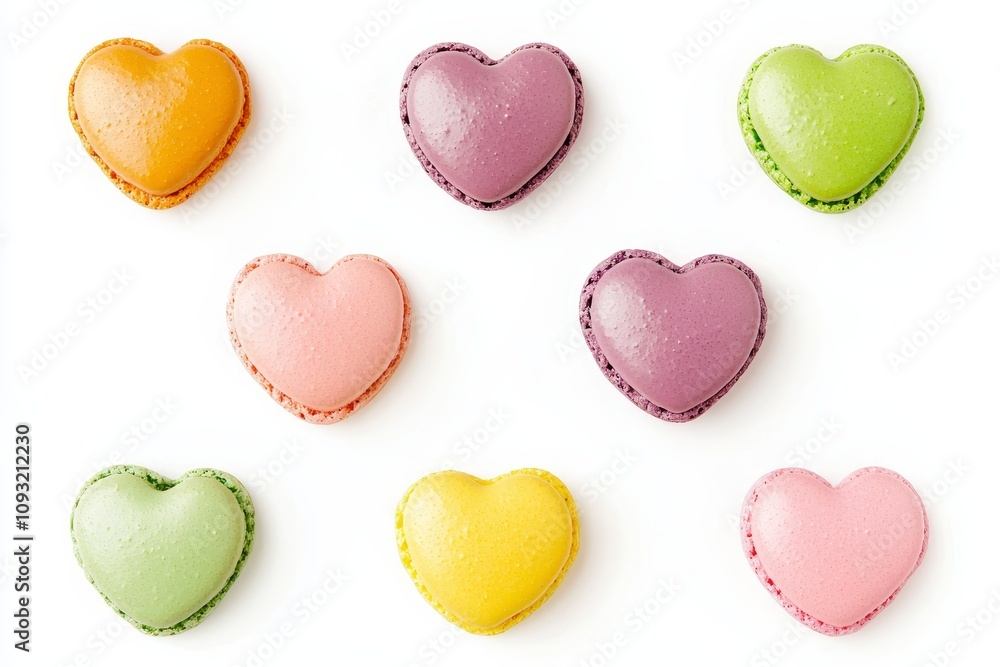 Obraz premium Macaroons floating in the air in the shape of a heart isolated on a white background, concept of macaroon desserts and sweet cakes.