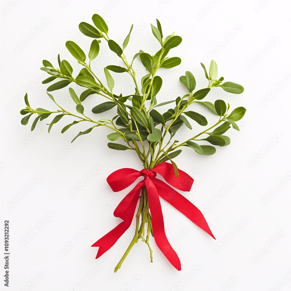 A Fresh Mistletoe Sprig with a Red Ribbon Isolated on White background A Fresh Mistletoe Sprig with a Red Ribbon Isolated on White background