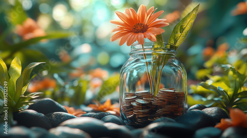 This image showcases a charming glass jar filled with coins and a vibrant flower, accentuating a serene setting with pebbles and lush green plants for a perfect balance of nature and finance