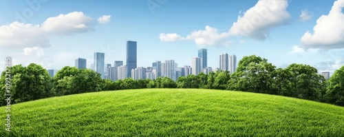 Vibrant green field with a city skyline under a clear blue sky.