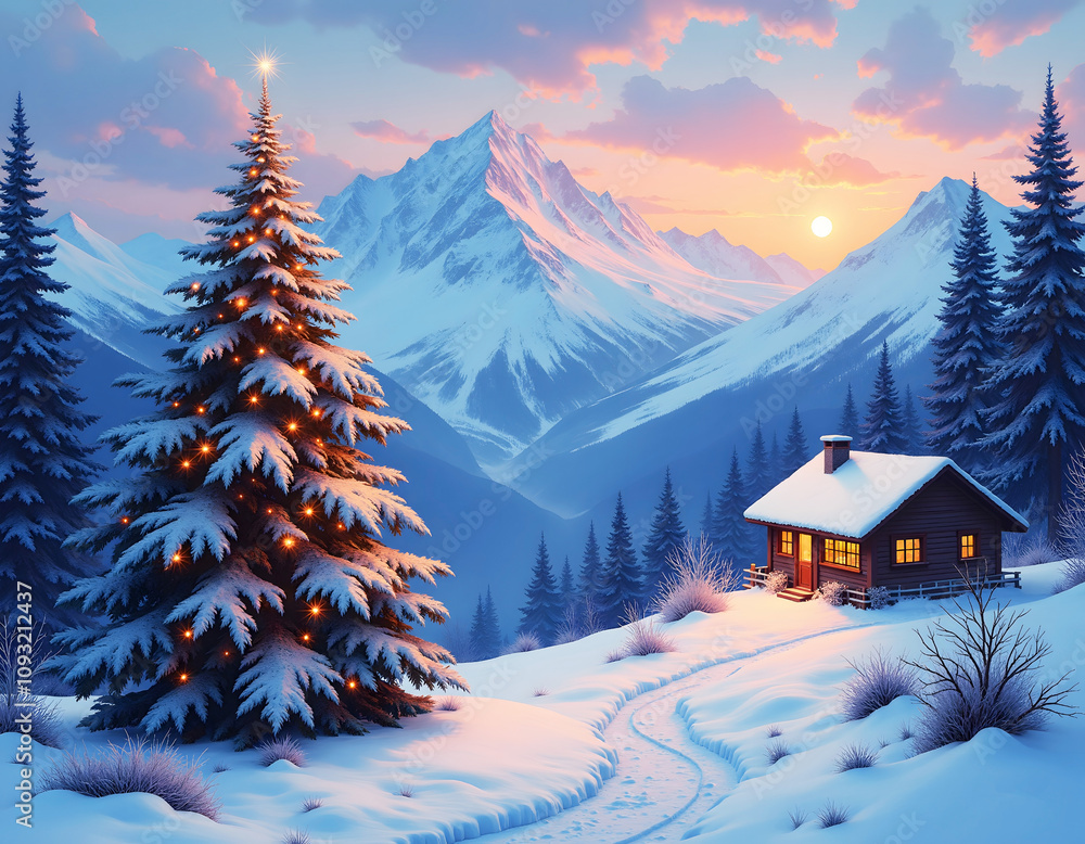 Fototapeta premium Snowy mountain, decorated Christmas tree, house with lights, winter sun.