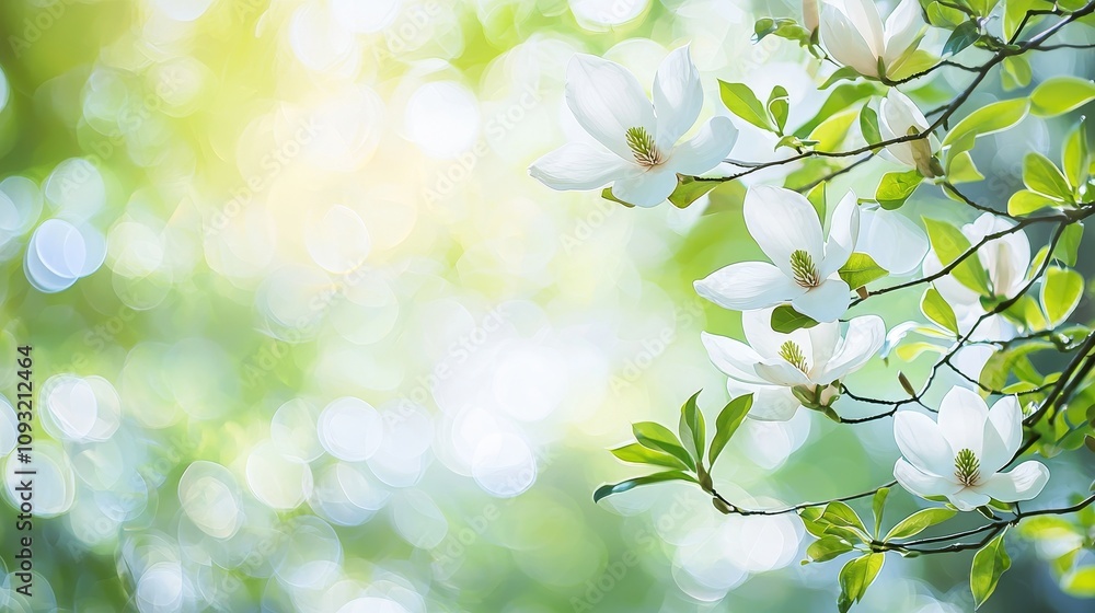 An image of a white magnolia flower branch on a green nature spring background An image of a white magnolia flower branch on a green nature spring background
