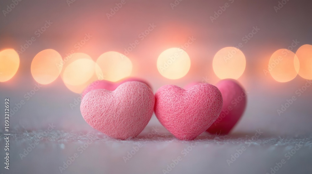 Soft pink and red hearts floating on a Valentine's Day background with gentle bokeh lights. Soft pink and red hearts floating on a Valentine's Day background with gentle bokeh lights.
