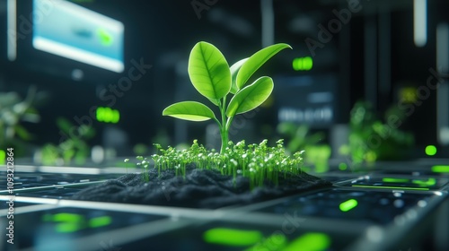 A small green plant sprouting from a computer keyboard in a futuristic setting. photo