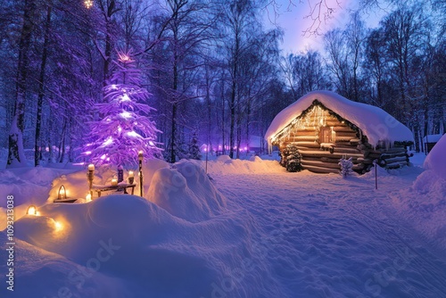 Snowy and beautiful Christmas forest with  a little cozy wooden log cabin photo