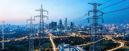 City skyline at dusk with power lines and illuminated streets, urban landscape.