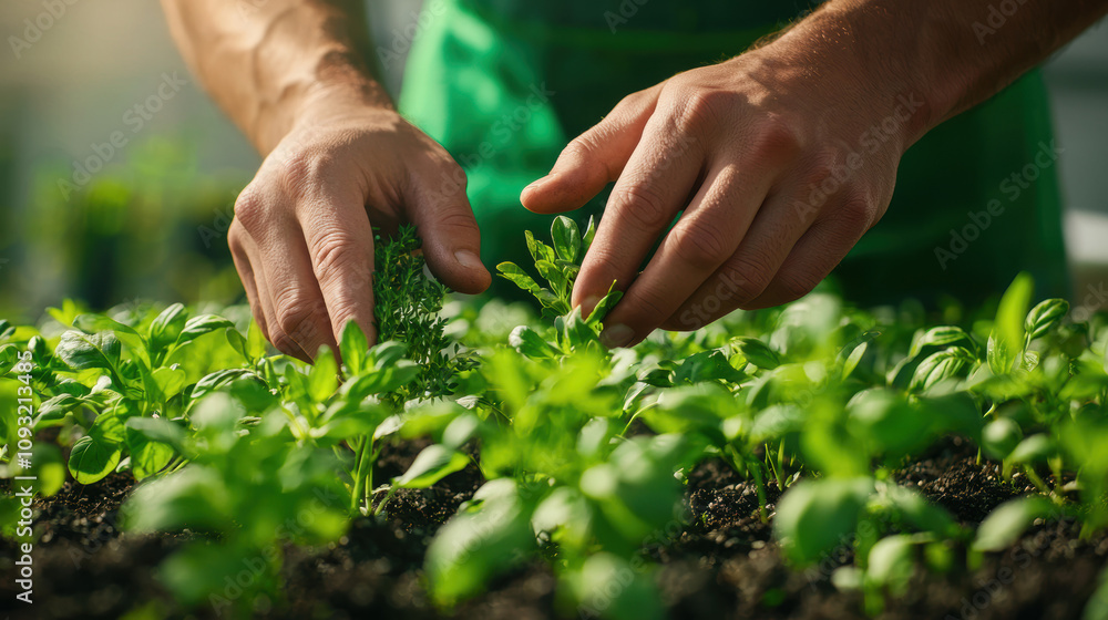 Happy Diet Wellness Awareness Concept. A person carefully tending to young basil plants in a garden, showcasing the nurturing process of plant care and growth. Happy Diet Wellness Awareness Concept. A person carefully tending to young basil plants in a garden, showcasing the nurturing process of plant care and growth.