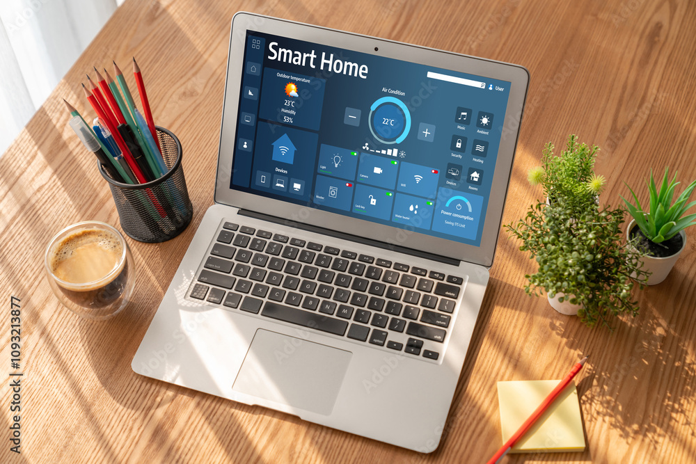 Fototapeta premium Smart home technology, centric remote control system with digital dashboard for air conditioning, safety security network or house automation. App software, ui panel programming IOT monitor snugly