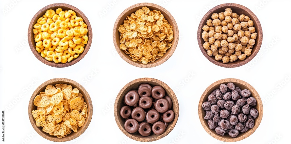 The top view of various tasty cereal in a wooden bowl isolated on a white background, a flat lay of flakes for breakfast. The top view of various tasty cereal in a wooden bowl isolated on a white background, a flat lay of flakes for breakfast.