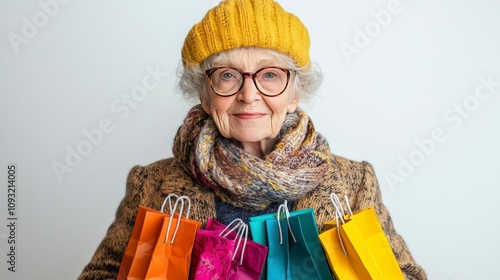 A smiling senior woman with glasses clad in a yellow knit hat and chic scarf holds colorful shopping bags showcasing her joy and love for shopping on a crisp day. photo