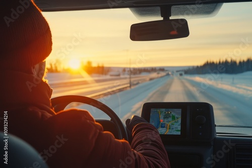 Wallpaper Mural Sunset Drive with GPS Navigation - Truck driver using GPS, winter sunset, highway, snowy road, journey. Torontodigital.ca