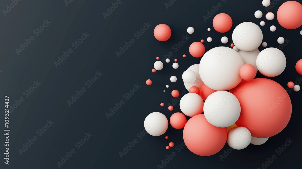 Elegant arrangement of coral and white spheres on dark background - minimalist geometric shapes with modern abstract design for contemporary aesthetic concepts Elegant arrangement of coral and white spheres on dark background - minimalist geometric shapes with modern abstract design for contemporary aesthetic concepts