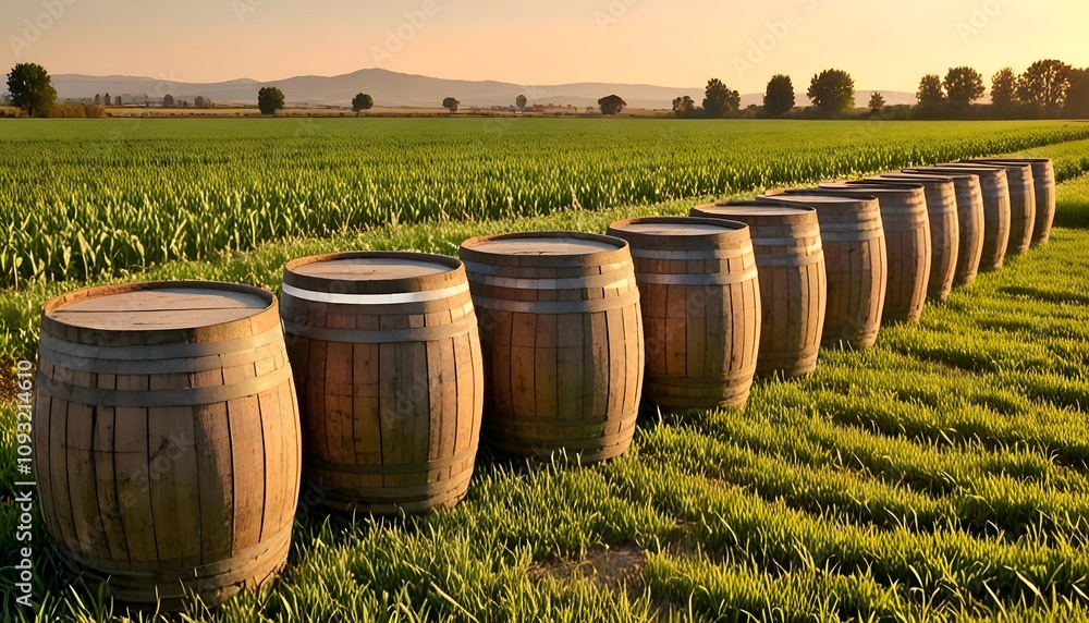 Rustic Charm: Barrels in a Field Bathed in Warm Sunset Light Rustic Charm: Barrels in a Field Bathed in Warm Sunset Light
