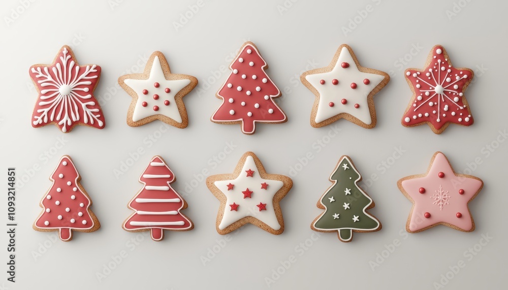 Christmas cookies shaped like stars and trees, decorated with icing, 3D illustration Christmas cookies shaped like stars and trees, decorated with icing, 3D illustration