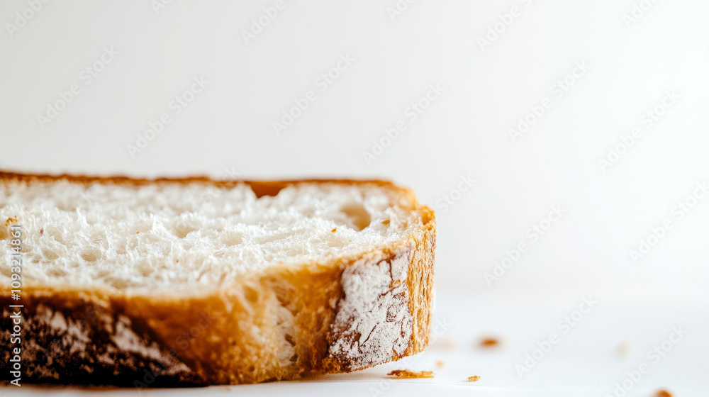 Close-up of a slice of rustic bread with golden crust and airy texture on a white background. Artisan baking concept for design and print Close-up of a slice of rustic bread with golden crust and airy texture on a white background. Artisan baking concept for design and print