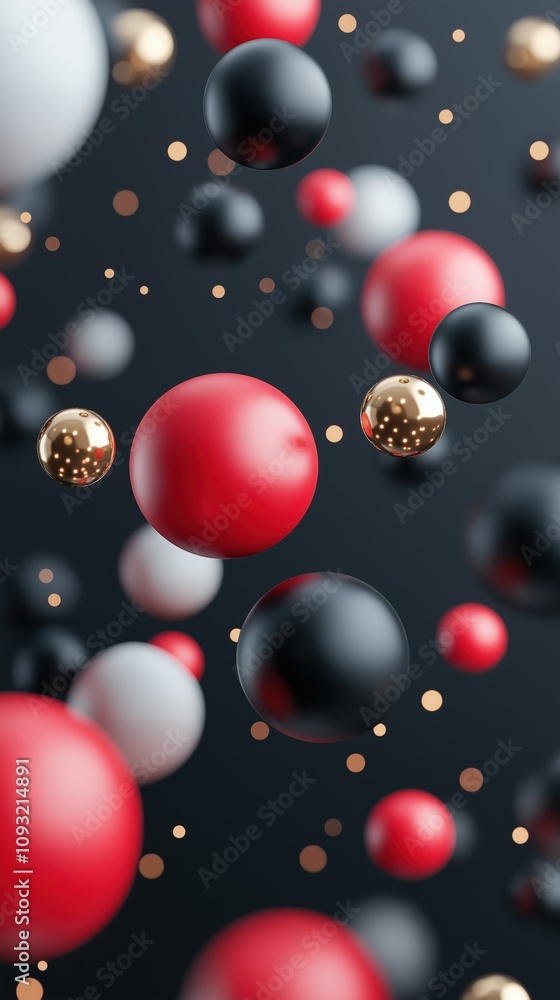 Dynamic floating spheres red, black, white, and gold baubles in abstract space on dark background with bokeh highlights for modern and festive themes Dynamic floating spheres red, black, white, and gold baubles in abstract space on dark background with bokeh highlights for modern and festive themes