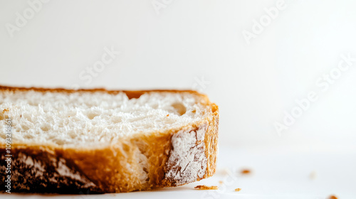  Close-up of a slice of rustic bread with golden crust and airy texture on a white background. Artisan baking concept for design and print