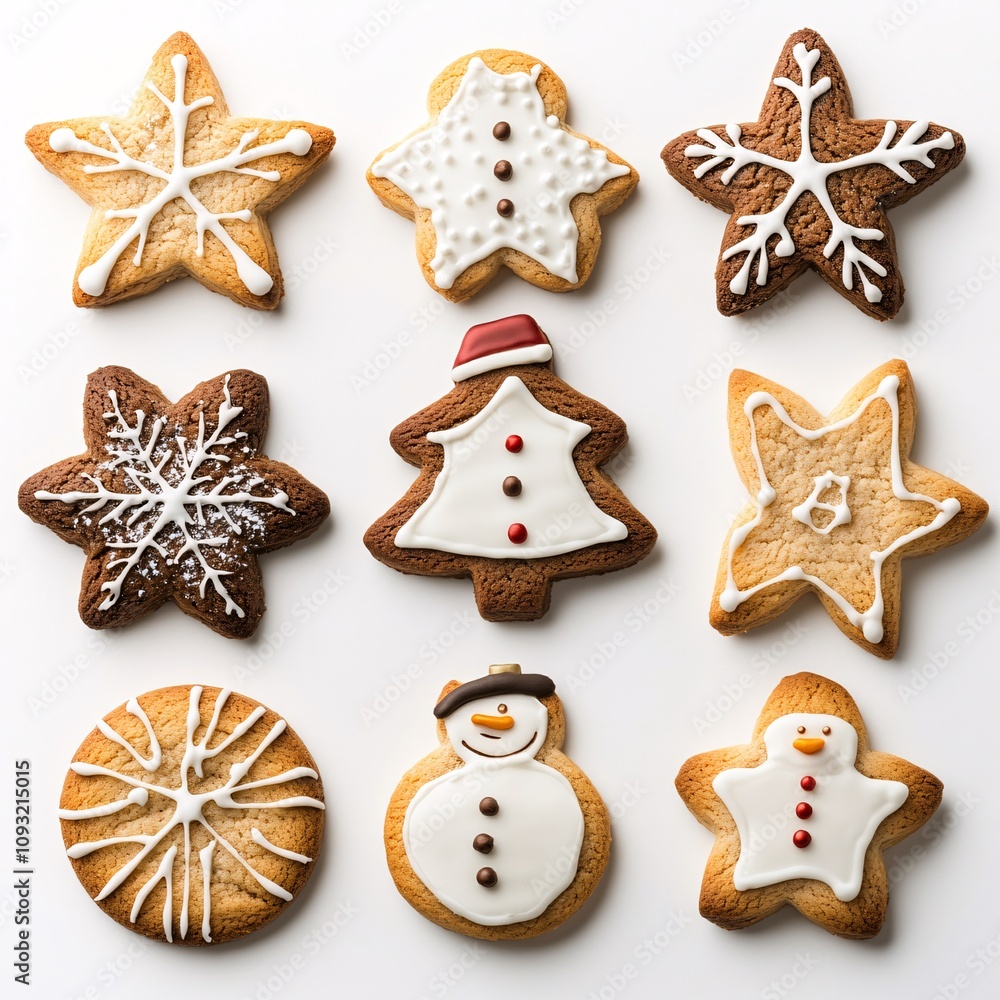 Christmas Cookies Shaped Like Stars, Trees, and Snowmen on White background Christmas Cookies Shaped Like Stars, Trees, and Snowmen on White background