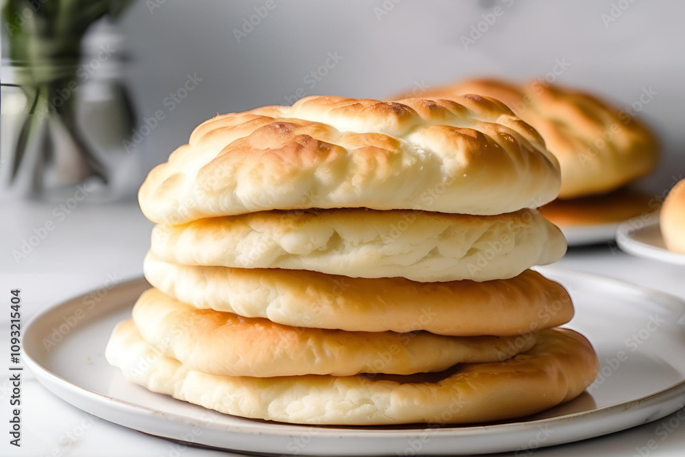 Fluffy, golden cloud bread on a clean white plate. The bread has a light, airy texture with a slight golden crust. Fluffy, golden cloud bread on a clean white plate. The bread has a light, airy texture with a slight golden crust.