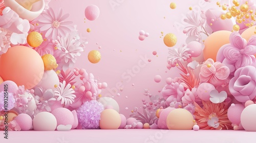 Delicate floral and geometric composition with pastel shades and gold accents – dreamy arrangement of blossoms and abstract spheres on soft pink background