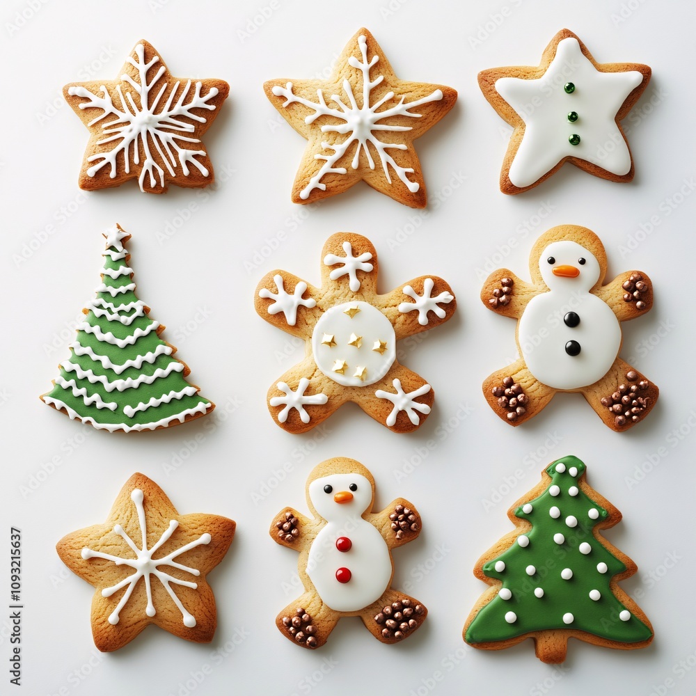 Christmas Cookies Shaped Like Stars, Trees, and Snowmen on White background Christmas Cookies Shaped Like Stars, Trees, and Snowmen on White background